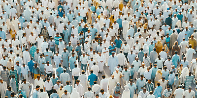 Crowd, islam and muslim people in Saudi Arabia for worship, religion and faith. Group, arabic and gathering in Makkah for prayer to Allah, hajj and eid or annual celebration pilgrimage to holy city