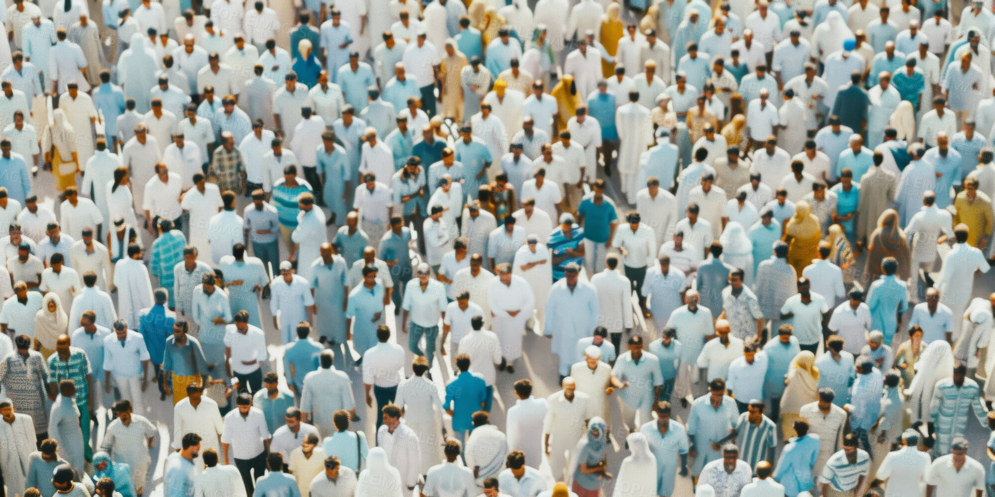 Buy stock photo Crowd, islam and muslim people in Saudi Arabia for worship, religion and faith. Group, arabic and gathering in Makkah for prayer to Allah, hajj and eid or annual celebration pilgrimage to holy city