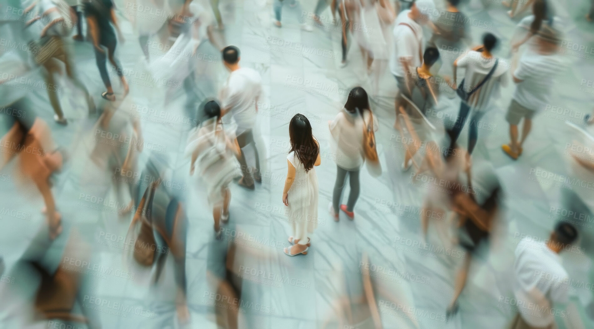 Buy stock photo Busy, motion blur and business woman in city for walking to work in rush hour at subway. Travel, speed and group of employees outdoor in urban town for commute at train station for public transport.