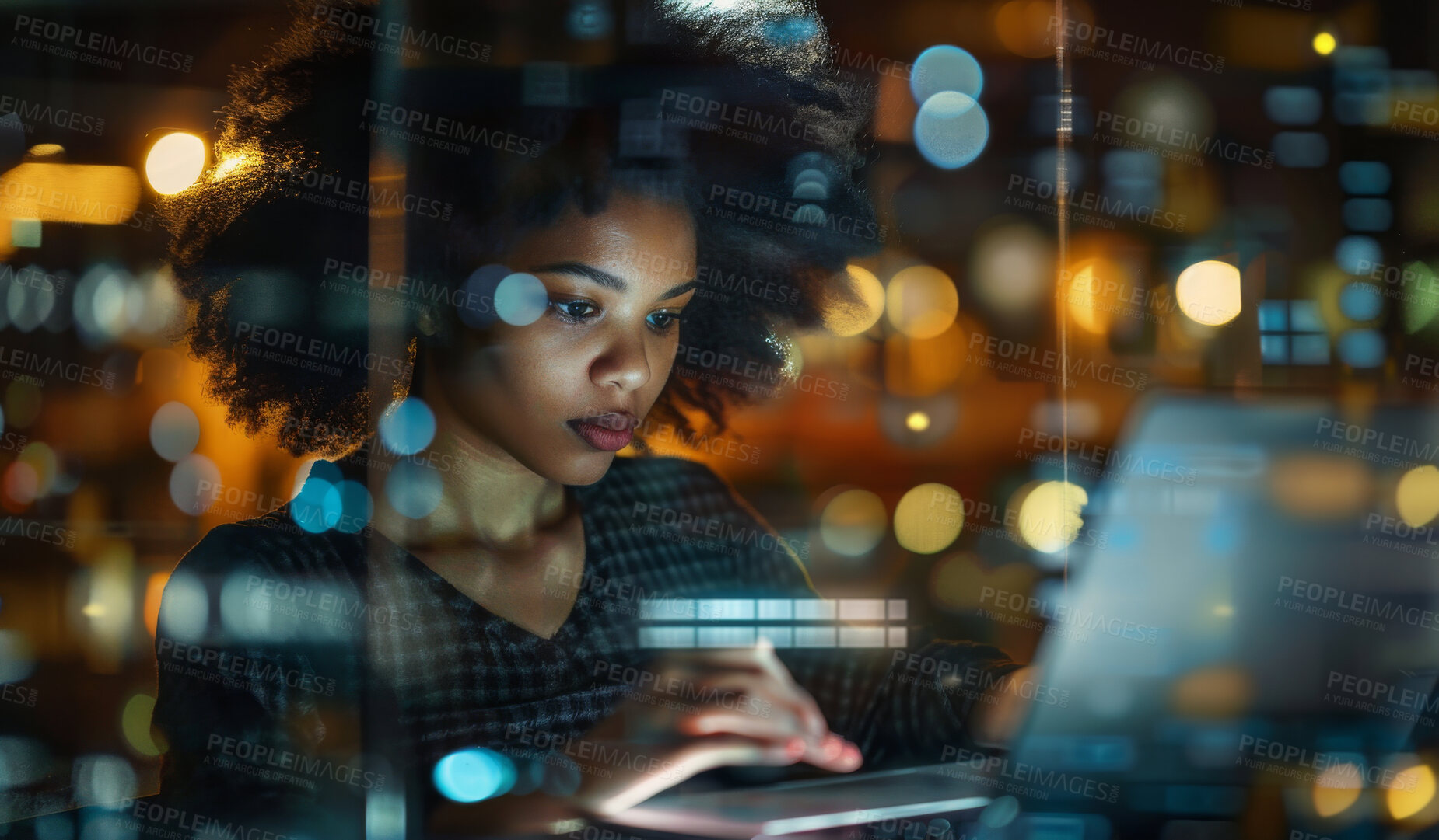 Buy stock photo Night, window and woman with laptop in office for project management, online email and overtime. Bokeh, overlay and person with technology for planning, feedback and deadline on business proposal