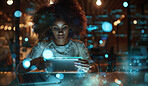 Bokeh, overlay or woman on tablet in office for global networking, data analytics or trading research at night. Digital, stock market or trader working late on cryptocurrency app or b2b communication