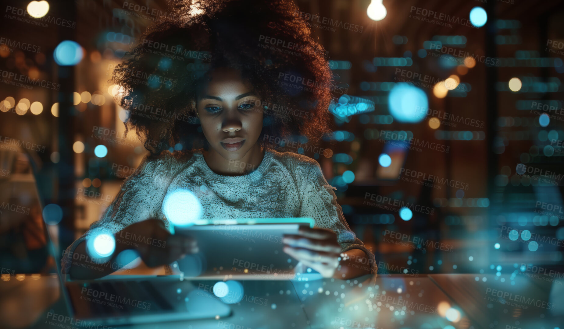 Buy stock photo Bokeh, overlay or woman on tablet in office for global networking, data analytics or trading research at night. Digital, stock market or trader working late on cryptocurrency app or b2b communication