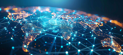 Global network, map and worldwide web for connectivity, innovation for science, technology and future. Link, wireframe and glow for digital transformation, cyberspace and connection across the globe