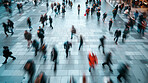 Busy, motion blur and people in city for walking to work in rush hour at subway or street. Travel, speed and group of employees outdoor in town for commute at train station for public transport.
