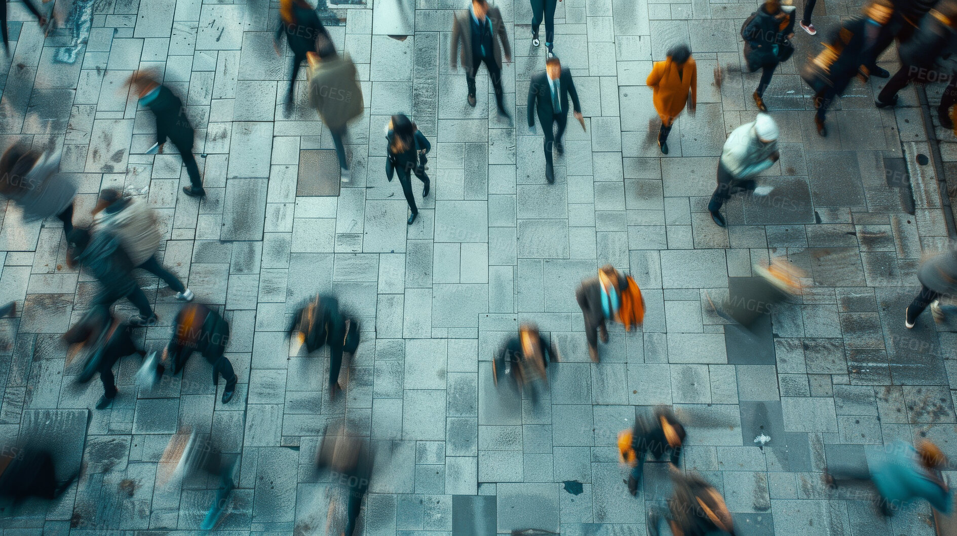 Buy stock photo Speed, motion blur and business people in city for walking to work in rush hour at subway. Travel, busy and group of employees outdoor in urban town for commute at train station for public transport
