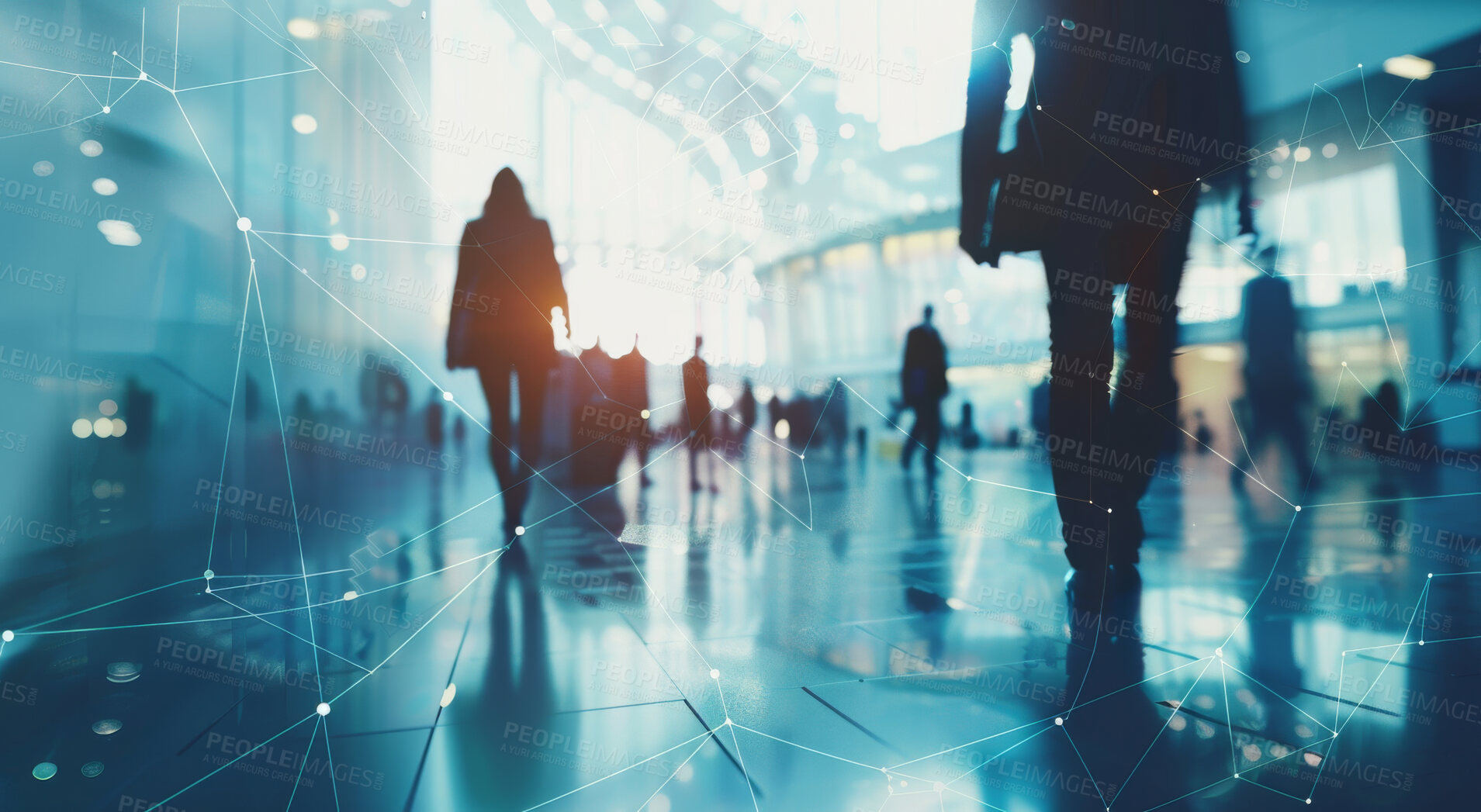 Buy stock photo Abstract, busy and people in building with overlay walking with speed for rush hour in city. Hologram, futuristic and group of employees commuting in airport or subway station in urban town.