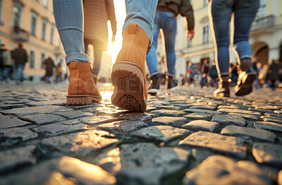 People, feet and crowd walking in city as urban work commute with population, busy or traveling. Shoes, ground and closeup of downtown street in France to explore country in group, road or outdoor