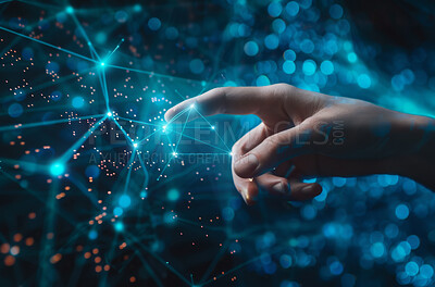 Big data, finger and future connectivity or abstract technology with geometric, global or connection. Person, hand and touching or software pattern or interface bokeh, circuit board or communication