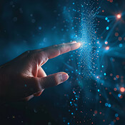 Hand, click and futuristic with lights, person and technology with ...