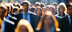 Commute, walking and together in city street, businesspeople and crowd in New York. Pedestrians, journey and travelling to job or home, rush hour and daily life or white collar workers in urban town
