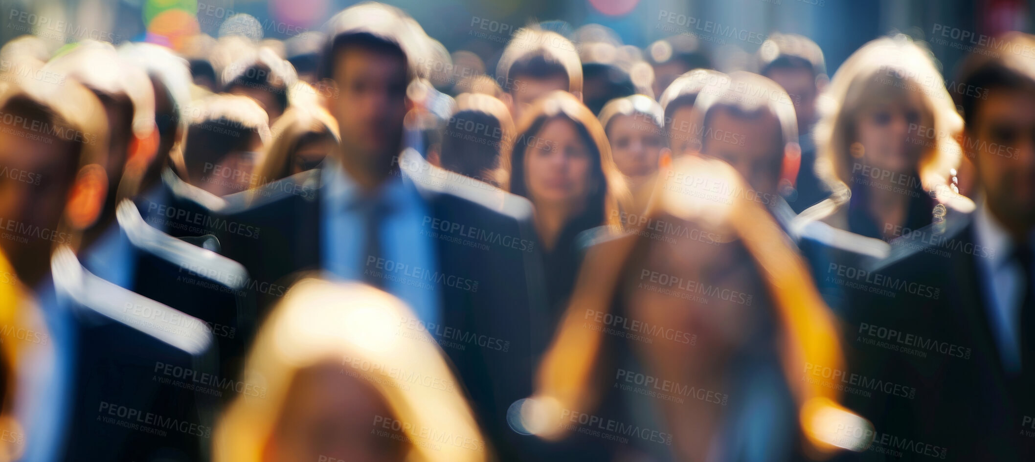 Buy stock photo Blurred, walking and together in city street, businesspeople and crowd in New York. Pedestrians, journey and travelling to job or home, rush hour and daily life or white collar workers in urban town