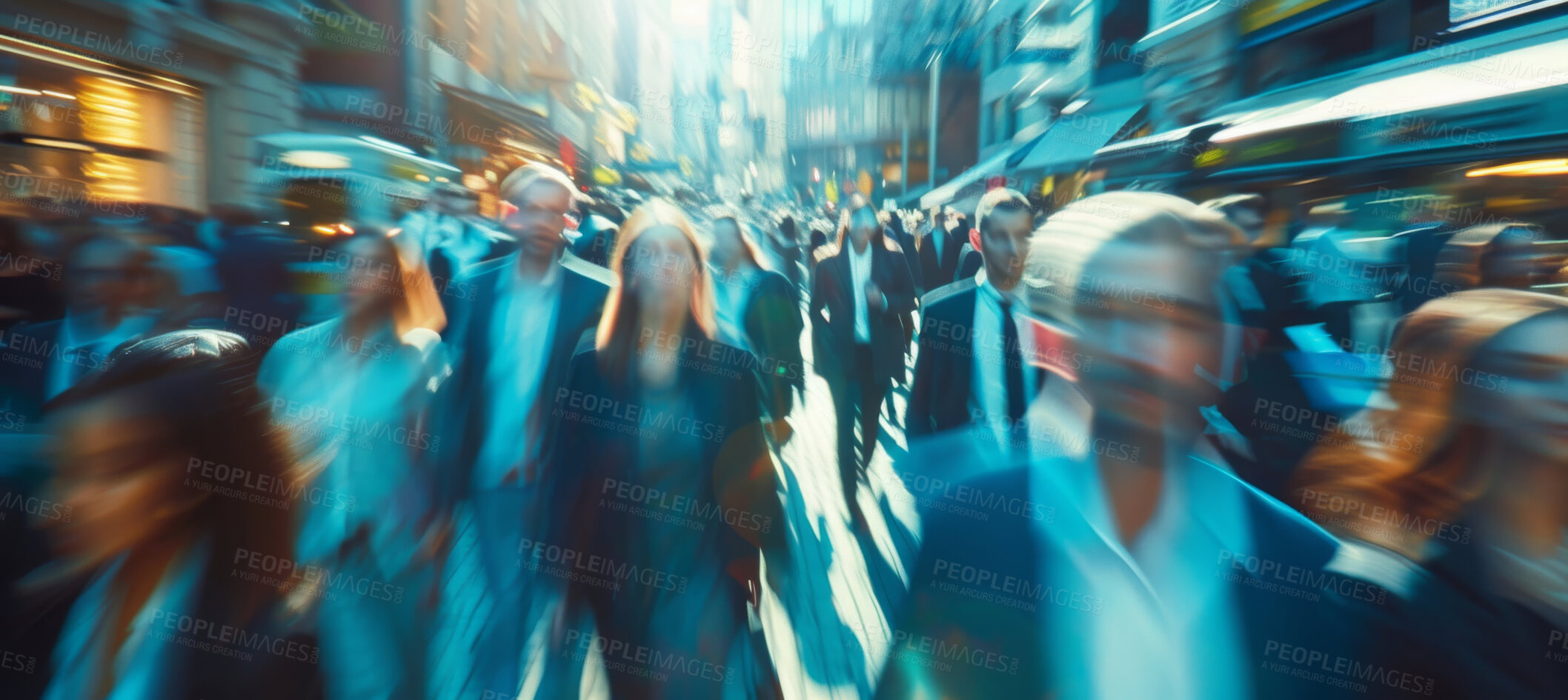 Buy stock photo Business people, motion blur and city walking with speed as pedestrian commute, population or fast. Road, employee and infrastructure or corporate professional with downtown workforce, urban or hurry