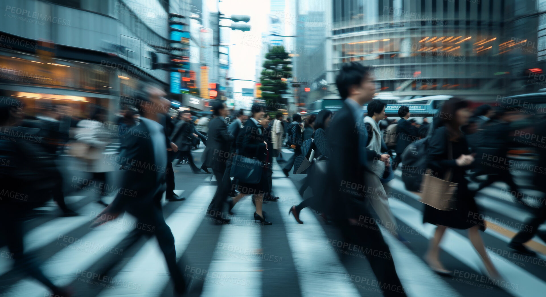 Buy stock photo Crosswalk, motion blur and business people in town for morning rush hour commute to work. Building, city street and travel with corporate employee group outdoor in urban location for crossing road