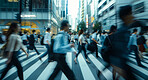 Crosswalk, motion blur and group of business people in city for rush hour commute to work. Building, street and travel with professional crowd outdoor in urban town for crossing road at start of day