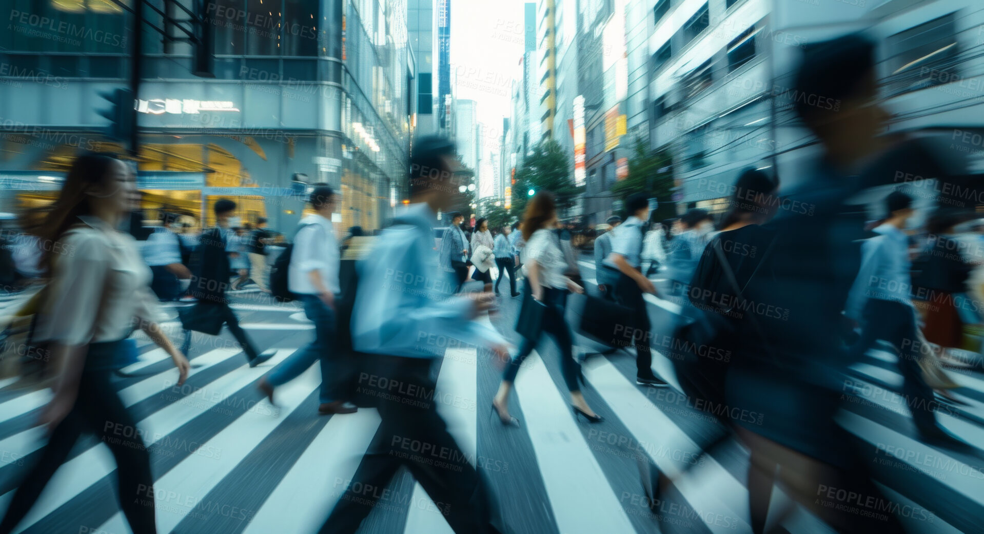 Buy stock photo Crosswalk, motion blur and group of business people in city for rush hour commute to work. Building, street and travel with professional crowd outdoor in urban town for crossing road at start of day