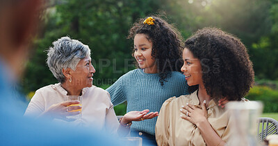 Family, party and conversation, people outdoor with grandmother, mother and daughter in garden. Communication, reunion and social gathering, women talking with young girl for catching up in backyard