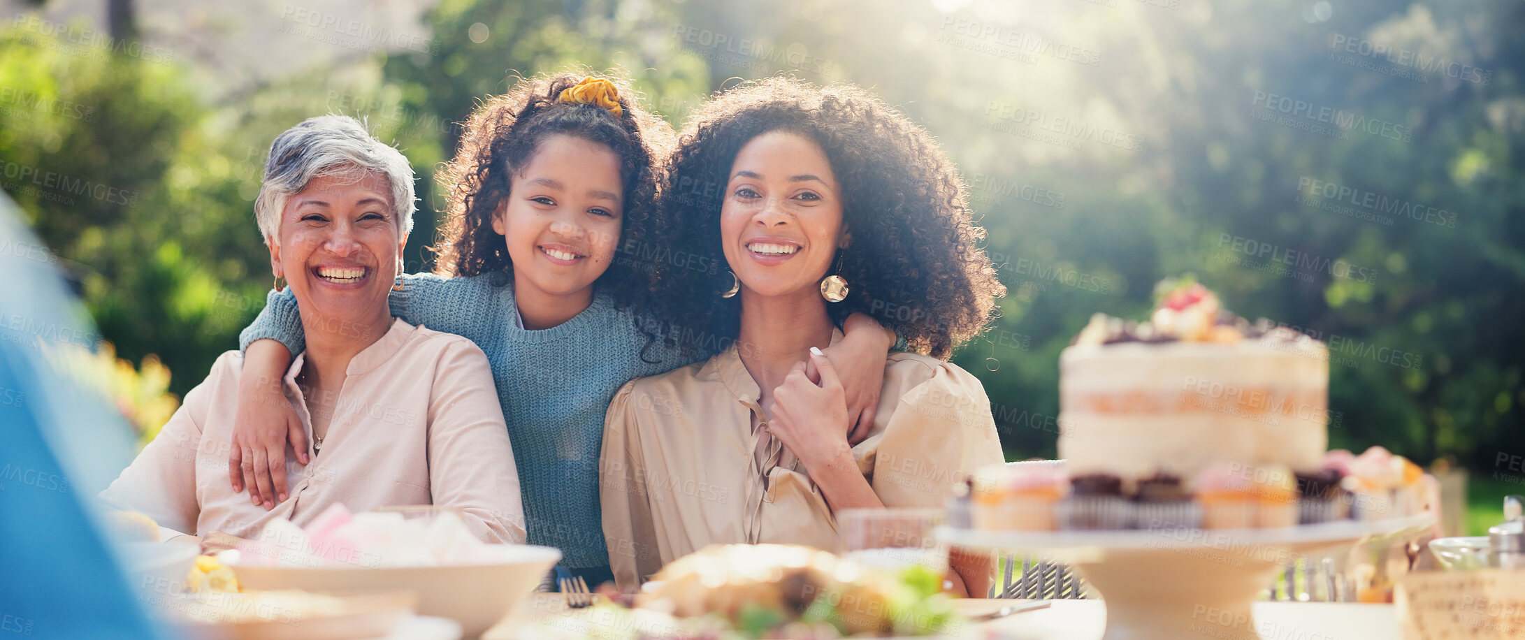 Buy stock photo Family, hug and face at birthday party on table outdoor with mother, kid and grandma. Summer event, celebration and love with support, generation of women and girl in garden for mother's day portrait