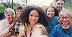 Happy family, face and selfie on garden in nature, generations and love for bonding together on vacation. Parents, kids or elders with care in portrait in countryside, excited or travel for wellness