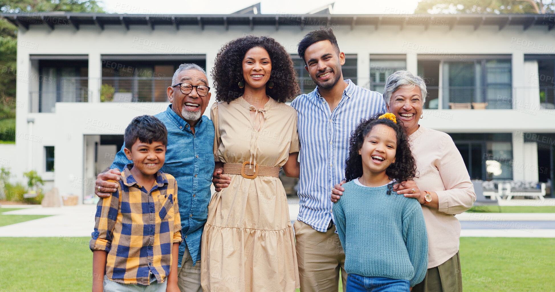 Buy stock photo Happy family, face and outdoor on lawn of new mansion, property investment and pride for real estate. Parents, kids or smile in portrait for moving or purchase of luxury home by green garden or pool