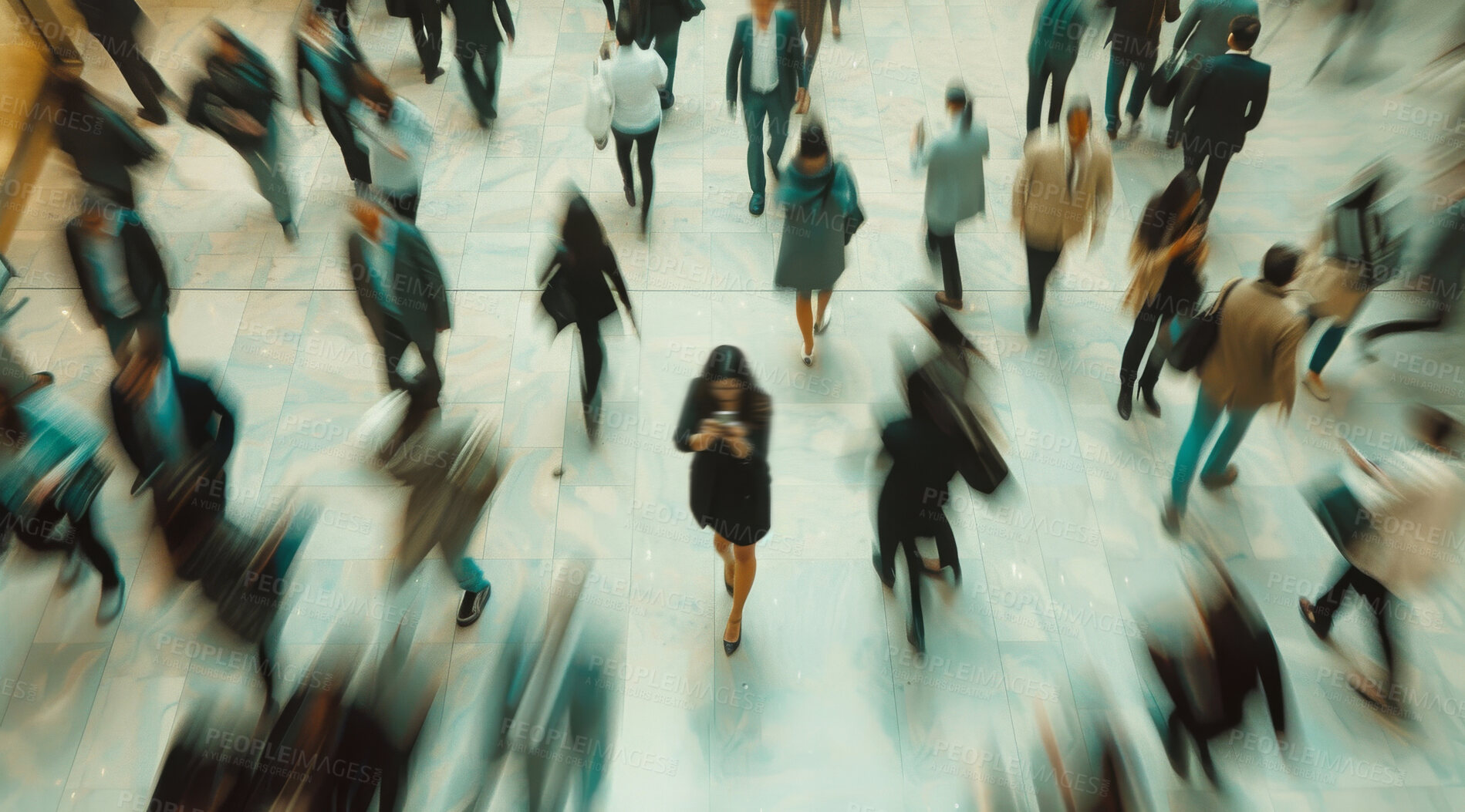 Buy stock photo Busy, motion blur and business people in city for walking to work in rush hour at subway. Travel, speed and group of employees outdoor in urban town for commute at train station for public transport
