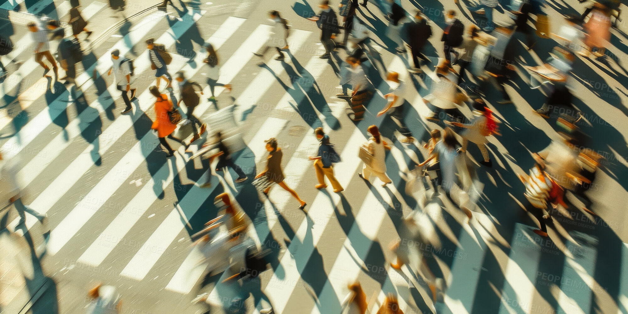 Buy stock photo Crosswalk, motion blur and pedestrian people in city for morning rush hour commute from above. Hurry, road or travel with man and woman crowd outdoor in town for crossing street at start of day