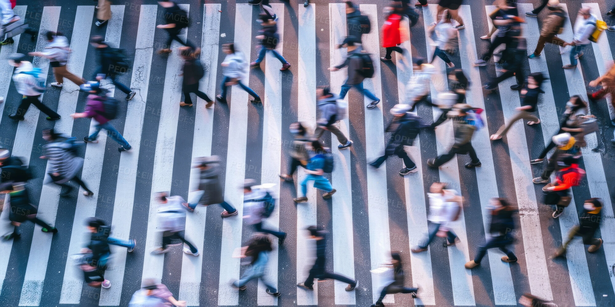 Buy stock photo Crosswalk, motion blur and pedestrian crowd in city for morning rush hour commute from above. Hurry, road or travel with group of men and women outdoor in town for crossing street at start of day