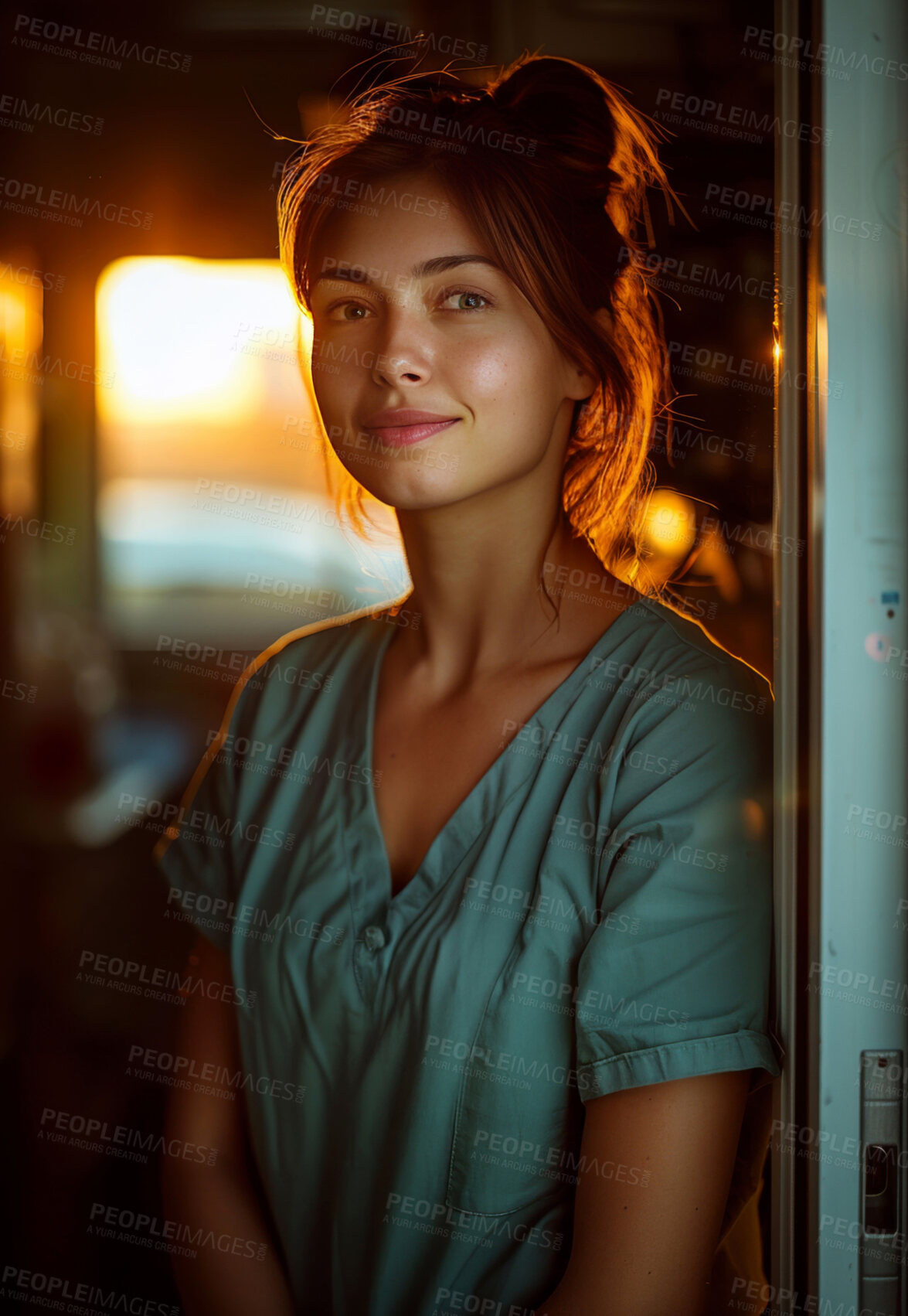 Buy stock photo Woman, nurse and thinking in hospital with smile, vision and career in health, wellness and care in sunset. Medic, surgeon and ideas for medical support, services and job to help at clinic in Spain