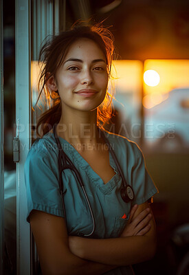 Woman, portrait and doctor with arms crossed or medical professional, stethoscope or sunset. Female person, face and night call at clinic service for client trust or wellness, hospital or insurance
