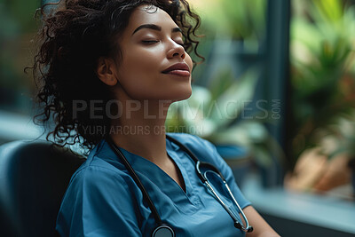 Breathe, happy and calm nurse relax in clinic or hospital with meditation for wellness and peace. Doctor, smile and break from work with stress management for mental health and career in healthcare