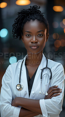 Black woman, portrait and healthcare doctor with arms crossed, stethoscope or cardiology. Female person, medical professional and confidence on night shift for patient trust, disease or hypertension