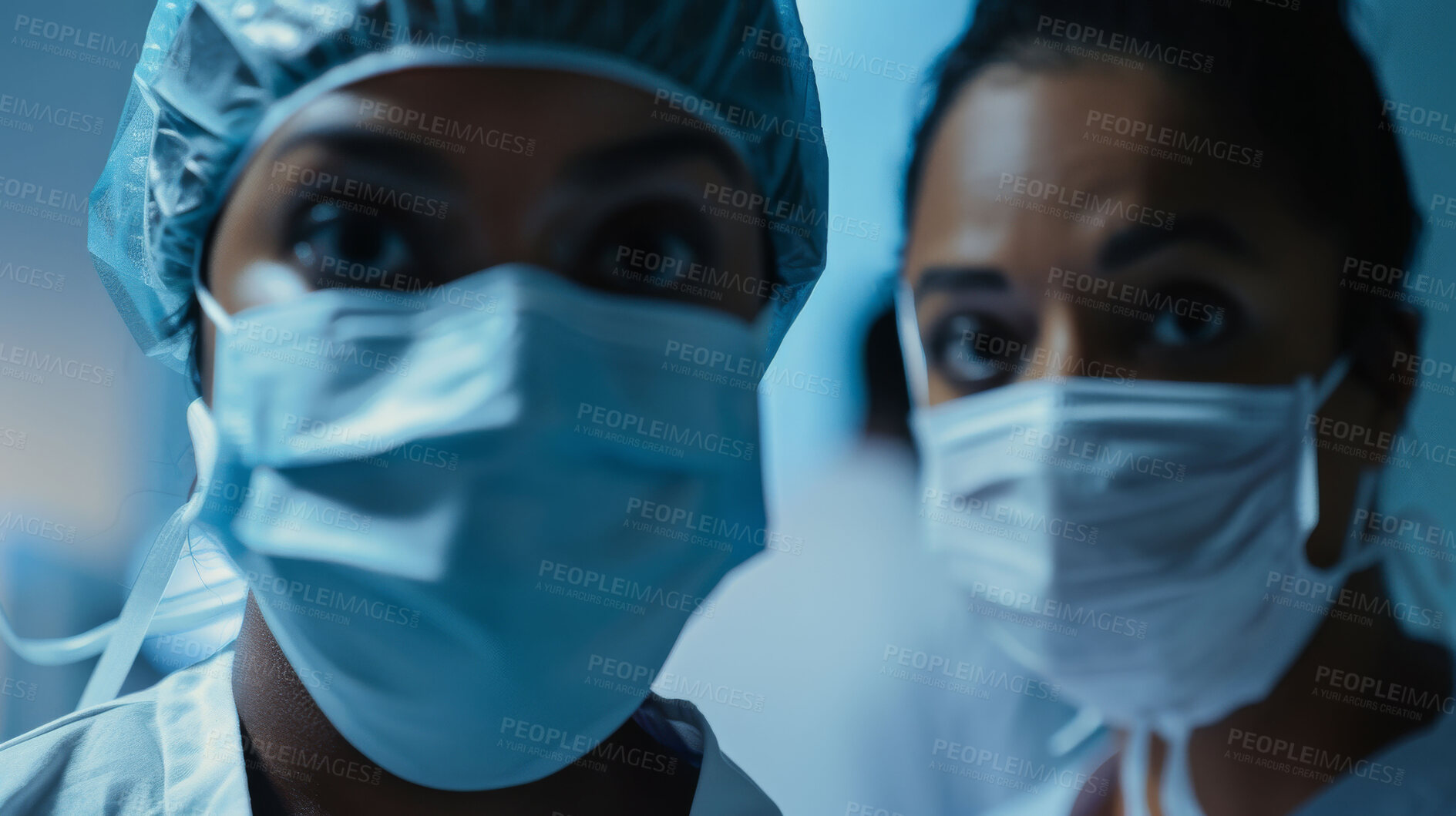 Buy stock photo Medical, mask and portrait of surgeon in hospital with stress in healthcare, nurse with challenge or problem. Clinic, insurance and trust in doctor for surgery transplant, operation or emergency care