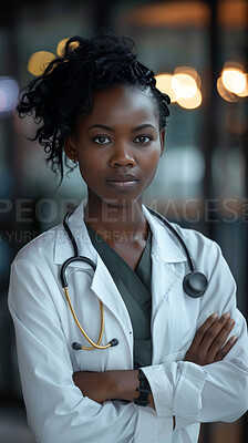 Black woman, doctor and portrait for healthcare with arms crossed, medical industry and integrity with care and support. Confidence, specialist and orthopedic surgeon with help at clinic in Kenya