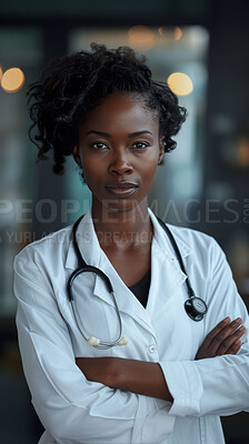 Doctor, black woman and arms crossed in portrait in hospital for healthcare, wellness and job. Medic, staff and person with stethoscope, cardiology and service in medical career at clinic in Toronto