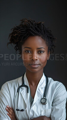 Doctor, African woman and arms crossed in portrait for healthcare, wellness or job in hospital. Medic, staff and person with stethoscope, confidence and service in medical career at clinic in Toronto