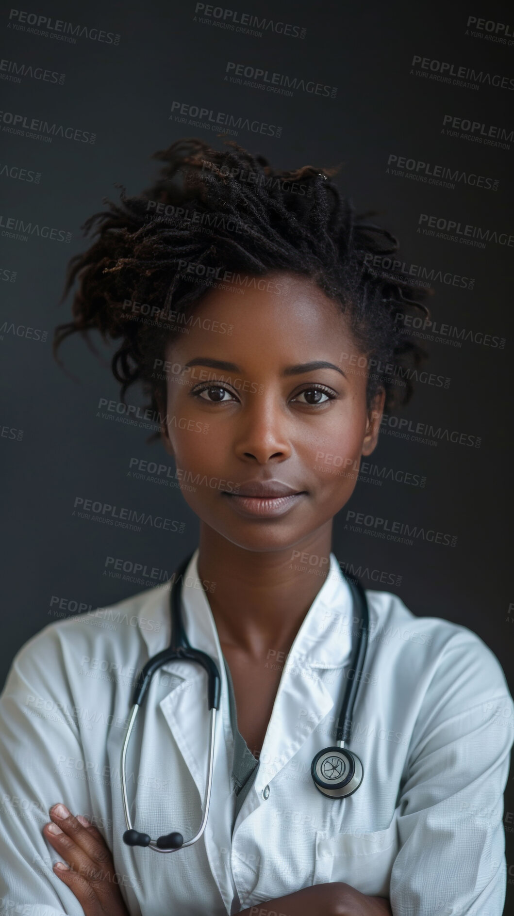 Buy stock photo Doctor, African woman and arms crossed in portrait for healthcare, wellness or job in hospital. Medic, staff and person with stethoscope, confidence and service in medical career at clinic in Toronto