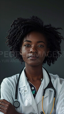 Black woman, doctor and portrait in studio with arms crossed as professional, medical or grey background. Female person, confidence and stethoscope for heart disease, cardiology or life insurance