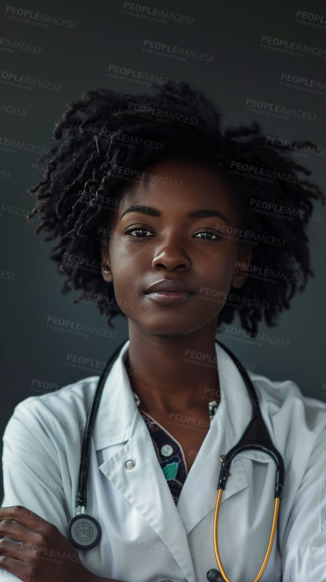 Buy stock photo Black woman, doctor and portrait in studio with arms crossed as professional, medical or grey background. Female person, confidence and stethoscope for heart disease, cardiology or life insurance