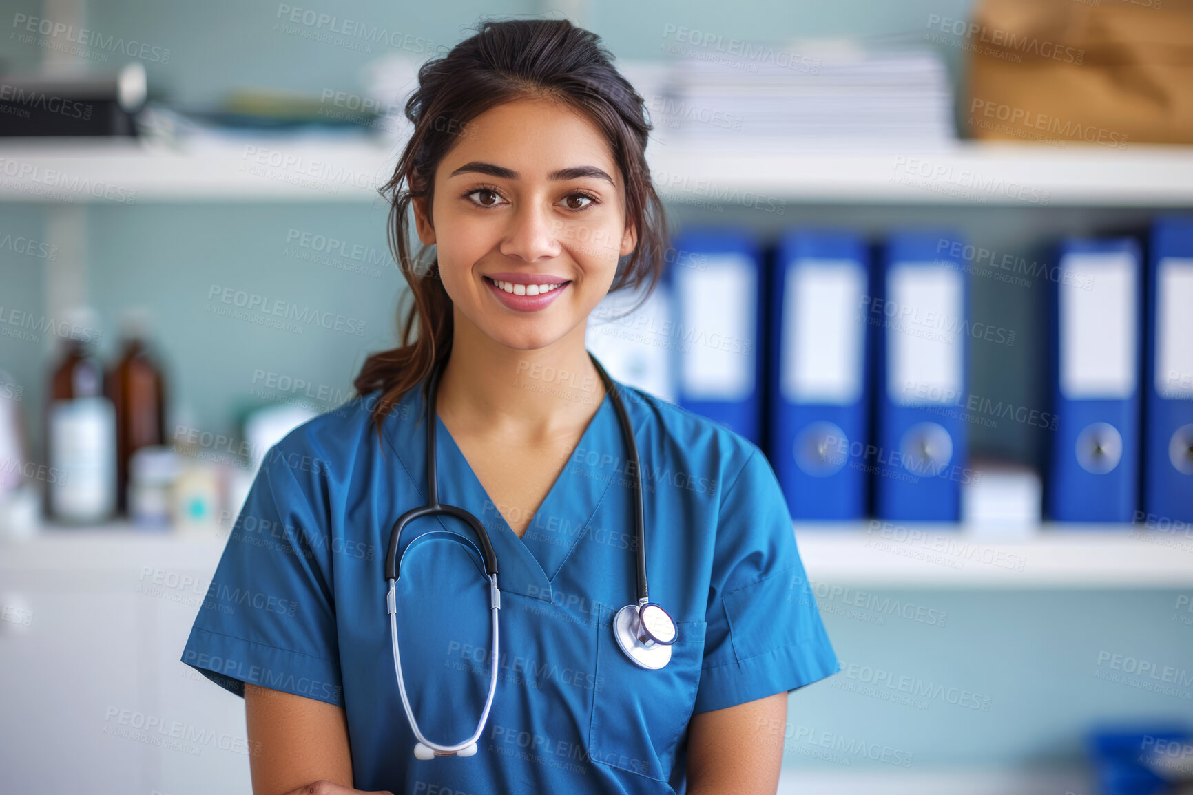 Buy stock photo Portrait, woman and nurse with smile, healthcare or confidence with uniform or hospital. Face, surgeon or medical with professional, doctor or physician with stethoscope or career ambition in clinic