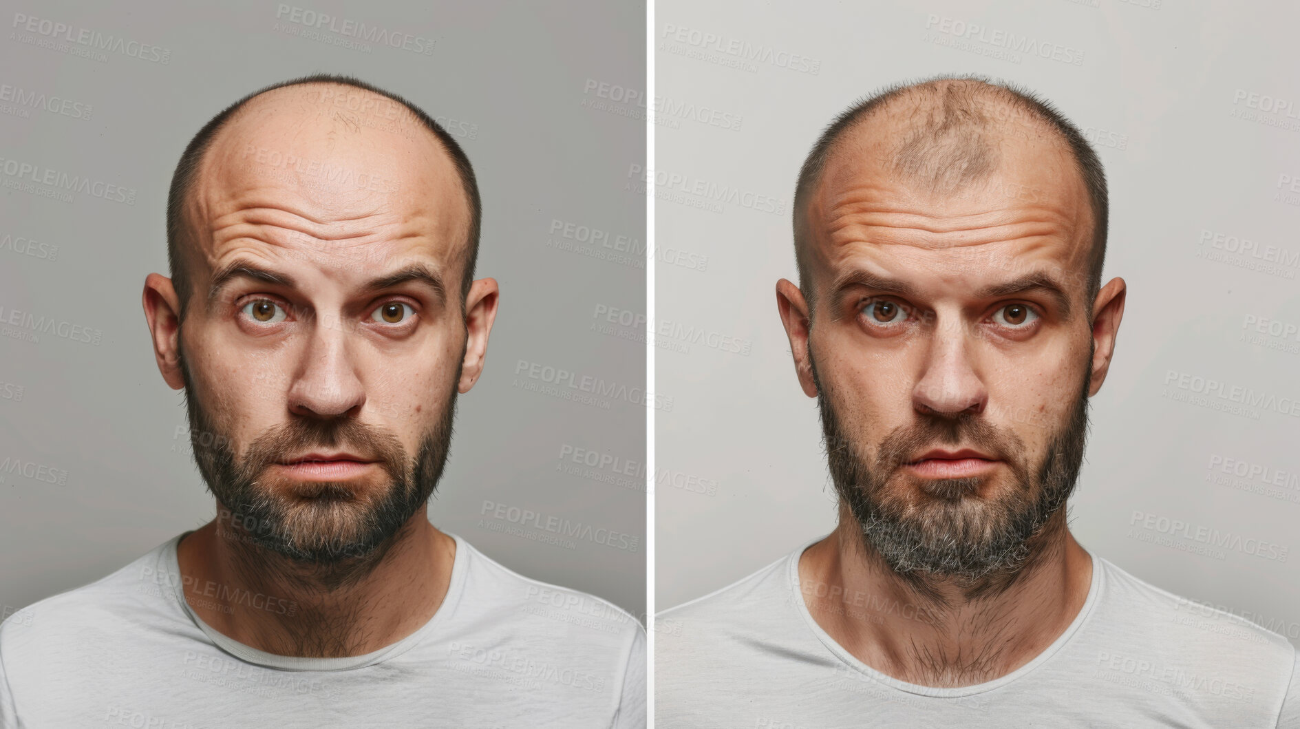 Buy stock photo Hair loss, portrait and man with alopecia before and after for results of hairline transplant, plastic surgery and prp. Bald, cosmetics and treatment of scalp for stress, cancer or depression in men