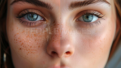 Portrait, skincare and woman in studio split comparison for freckles, permanent makeup and beauty spots, pattern or transformation. Cosmetic, tattoo and face of model with before and after results