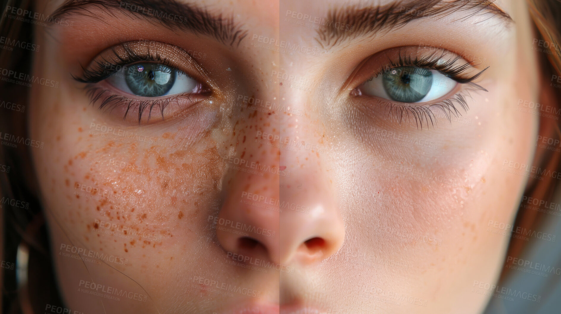 Buy stock photo Portrait, skincare and woman in studio split comparison for pigmentation, freckles and beauty spots, pattern or melasma. Permanent makeup, tattoo and face of model with before and after results