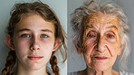 Senior, youth and generation of grandmother, portrait and growth of face, before and after of skin and human. Years, lifespan and development of child, adult and elderly person with stage and time