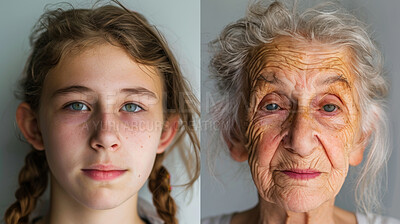 Senior, youth and generation of grandmother, portrait and growth of face, before and after of skin and human. Years, lifespan and development of child, adult and elderly person with stage and time