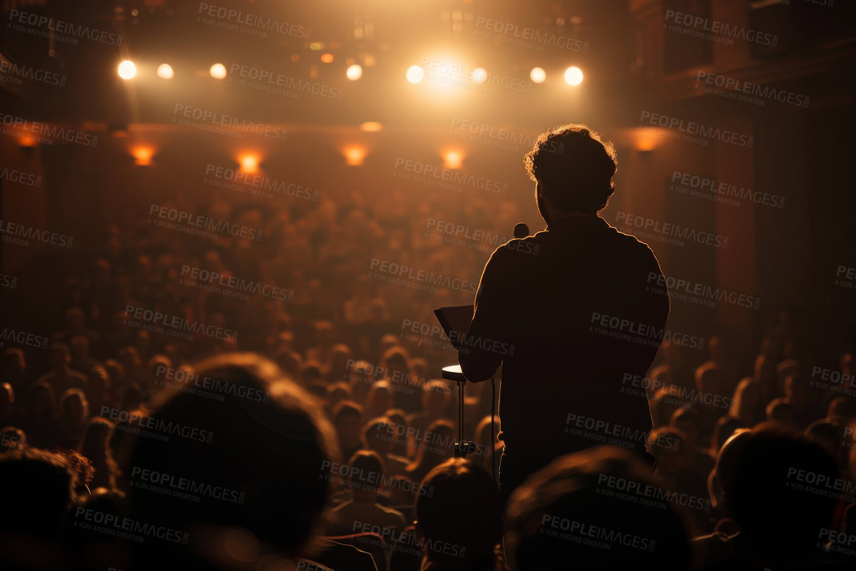 Buy stock photo Back of person, mic or talking in auditorium for seminar, business conference or presentation with career info. Hall, mentor or speaker in workshop for startup knowledge, share ideas or growth skills