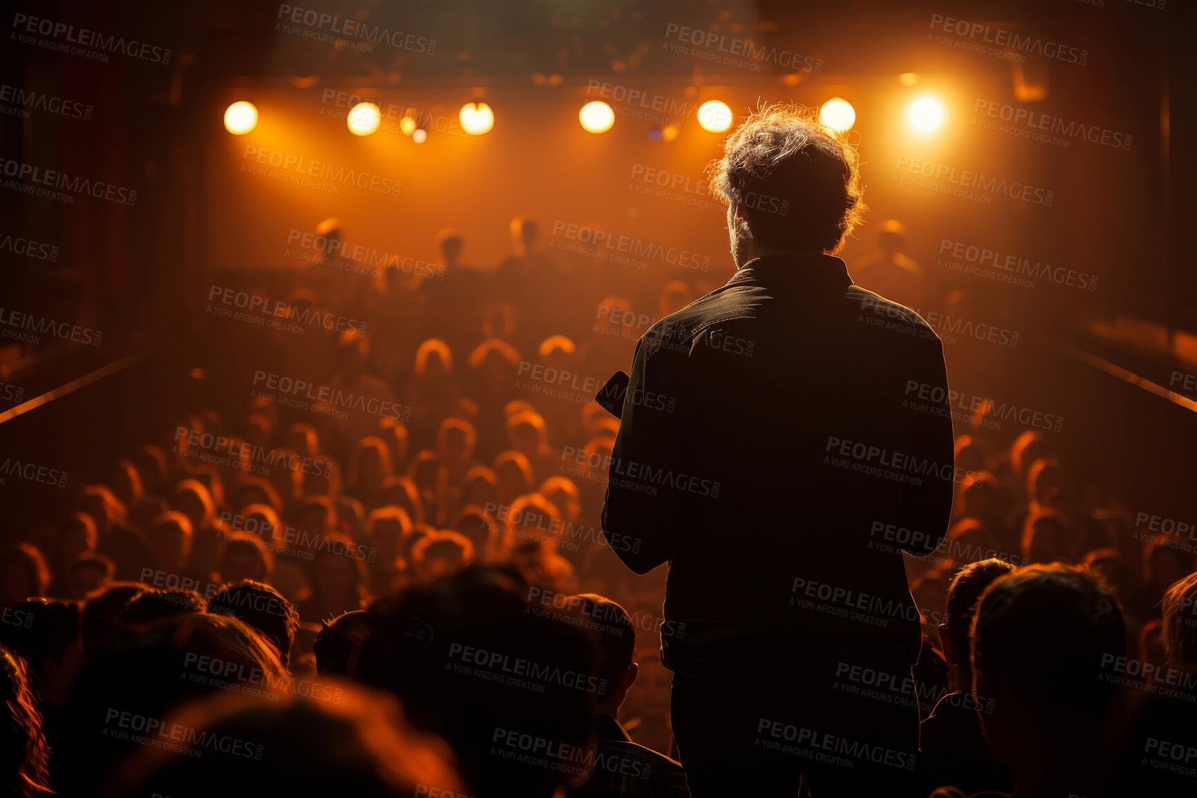 Buy stock photo Man, stand up comedy and back with audience for funny story, joke and concert at global festival. Person, artist or comedian with comic presentation, speech or performance at benefit show with crowd