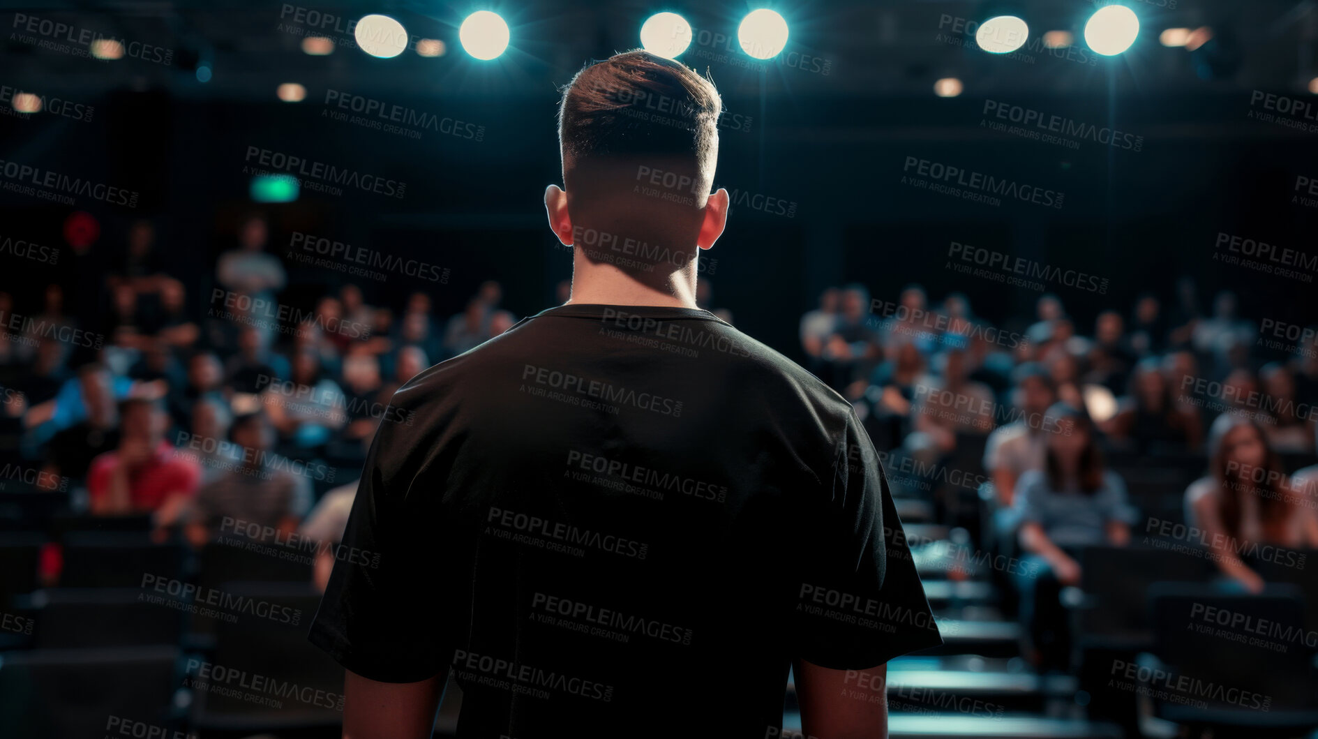 Buy stock photo Hall, speaker or crowd for business seminar, conference or presentation with career information. Audience, mentor and workshop or training for startup knowledge, project skills or professional growth