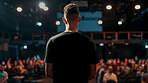 Back of man, speaker or crowd for seminar, conference or presentation with ideas or information. Audience, male person or workshop for startup knowledge, project skills or professional growth