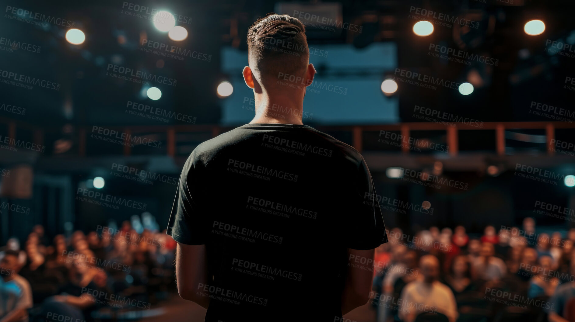 Buy stock photo Back of man, speaker or crowd for seminar, conference or presentation with ideas or information. Audience, male person or workshop for startup knowledge, project skills or professional growth