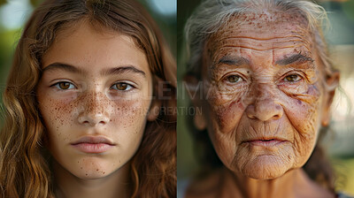 Nature, youth and generation of age, portrait and growth of face, before and after of skin and human. Years, lifespan and development of child, adult and elderly person with maturity, stage and time