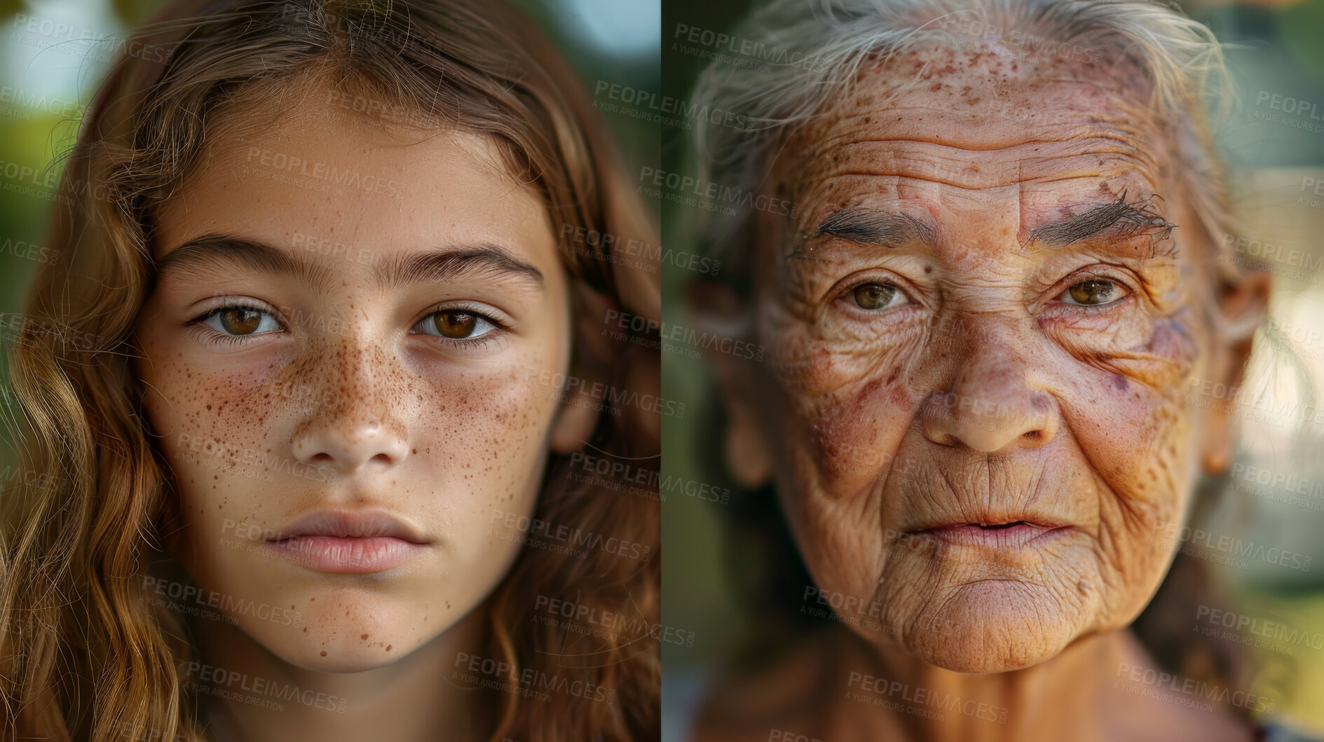 Buy stock photo Nature, youth and generation of age, portrait and growth of face, before and after of skin and human. Years, lifespan and development of child, adult and elderly person in Colombia, stage and time